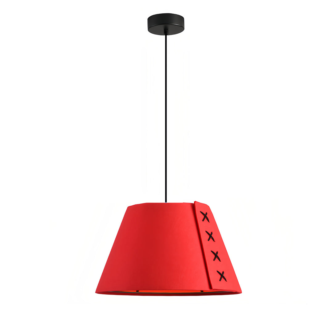 Isolated image of a single red felt hanging pendant light suitable for modern interiors 