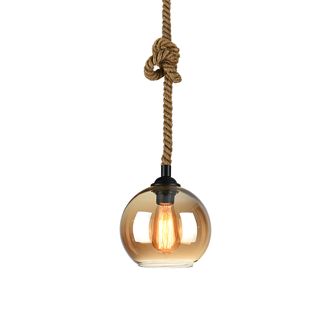 Single retro glass pendant light featuring warm amber globe shade with decorative rope cord