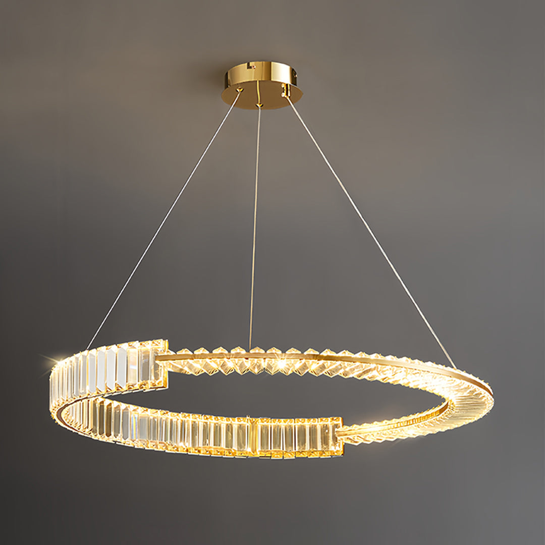 Single-ring gold crystal chandelier with clean lines perfect for contemporary interiors