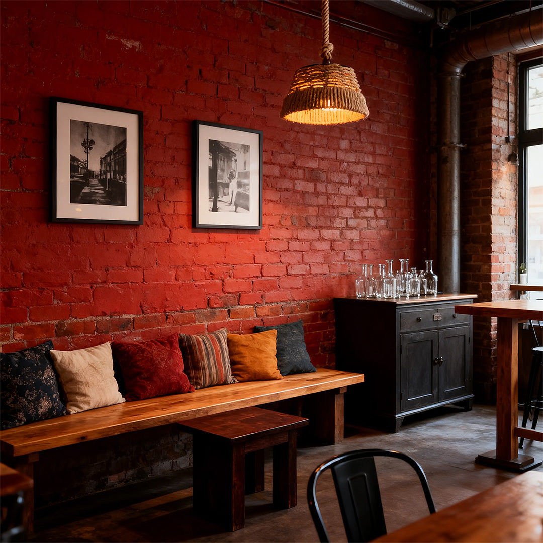Single rope pendant lights with exposed bulb illuminating a long bench seat against a vibrant red brick wall.