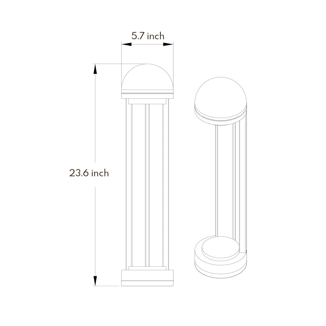Technical specification drawing showing dimensions for cylindrical bollard with single vertical light strip