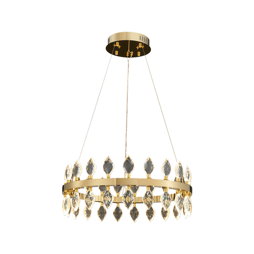Single-tier Crystorama chandelier with gold frame and crystal drops.