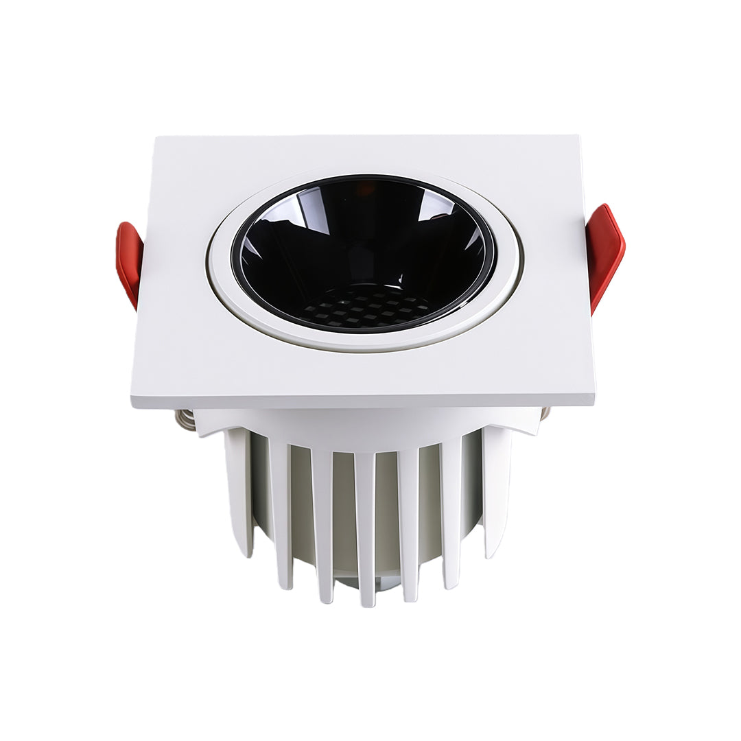 Single white square recessed downlight fixture with an anti-glare black honeycomb grille, isolated on white.