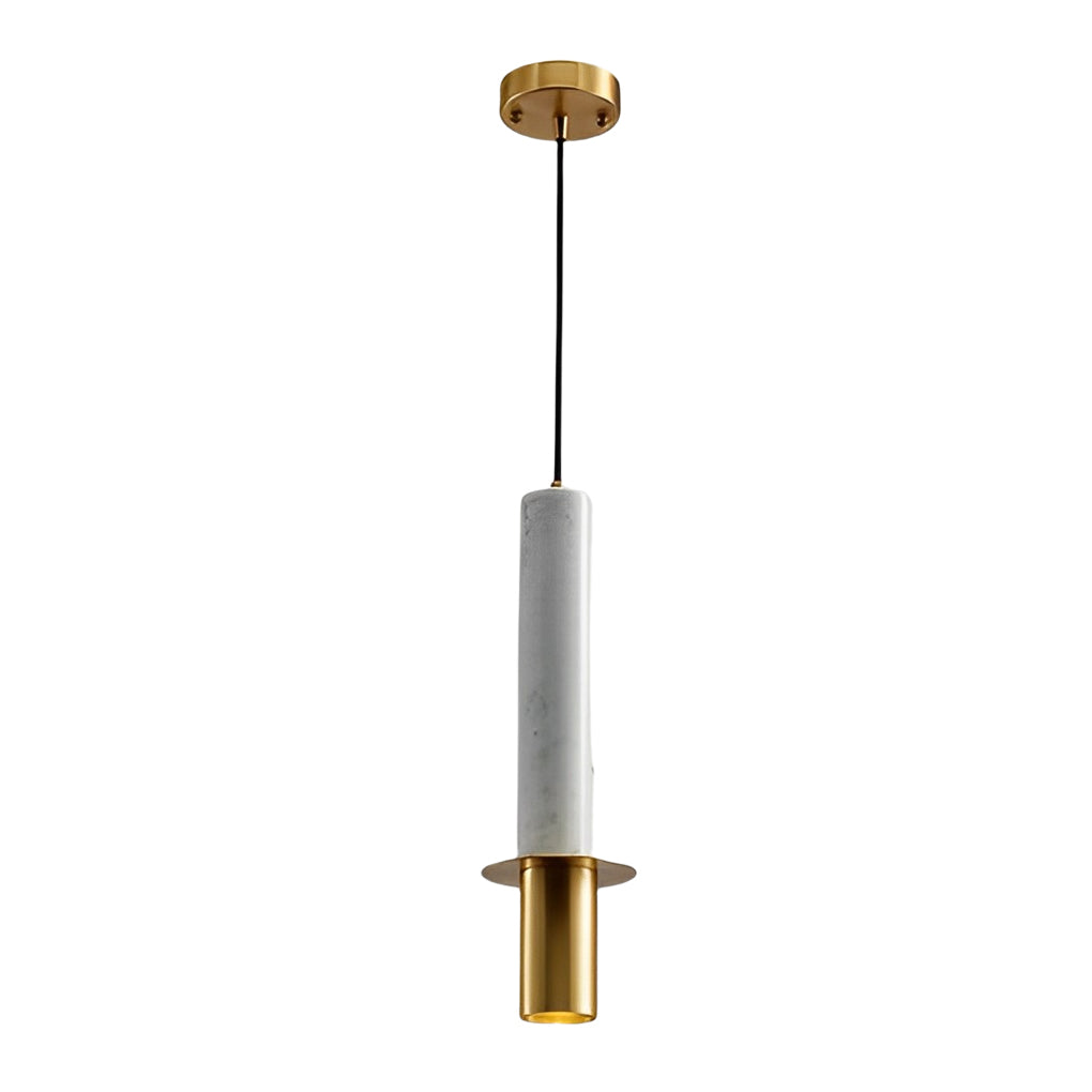 A single white terrazzo cylinder pendant light with gold hardware isolated on white background.