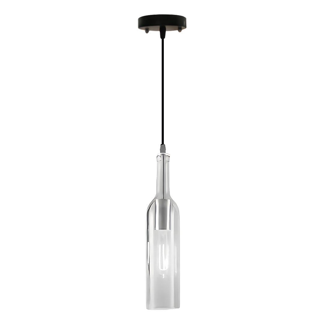 Clear wine bottle pendant light with transparent glass and simple black hanging fixture