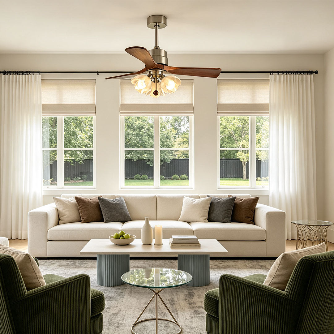 Ceiling fan with LED lighting installed in a bright sitting room with warm wood blades.