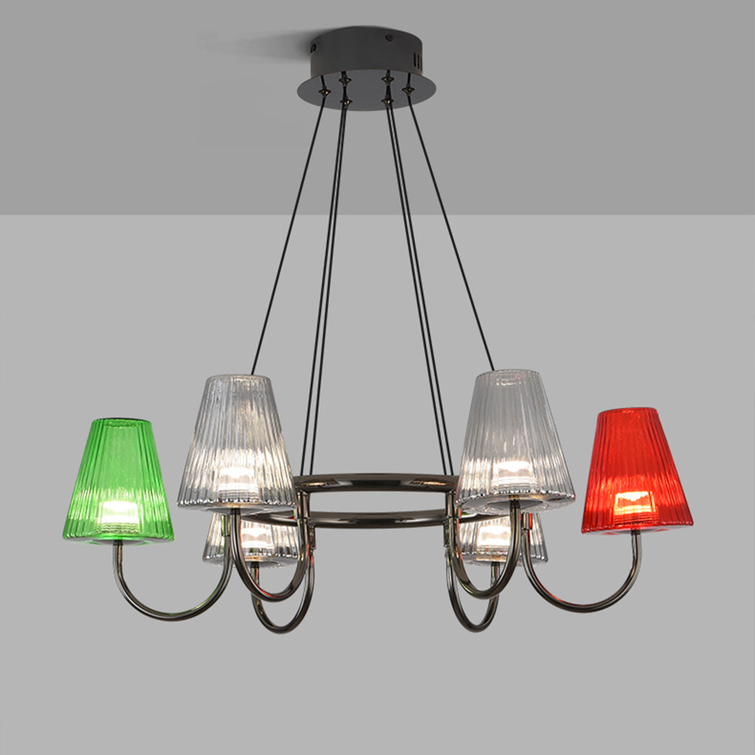 Six-light chandelier with colorful glass shades installed in modern interior space