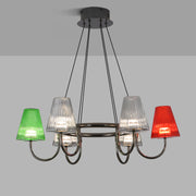 Six-light chandelier with colorful glass shades installed in modern interior space