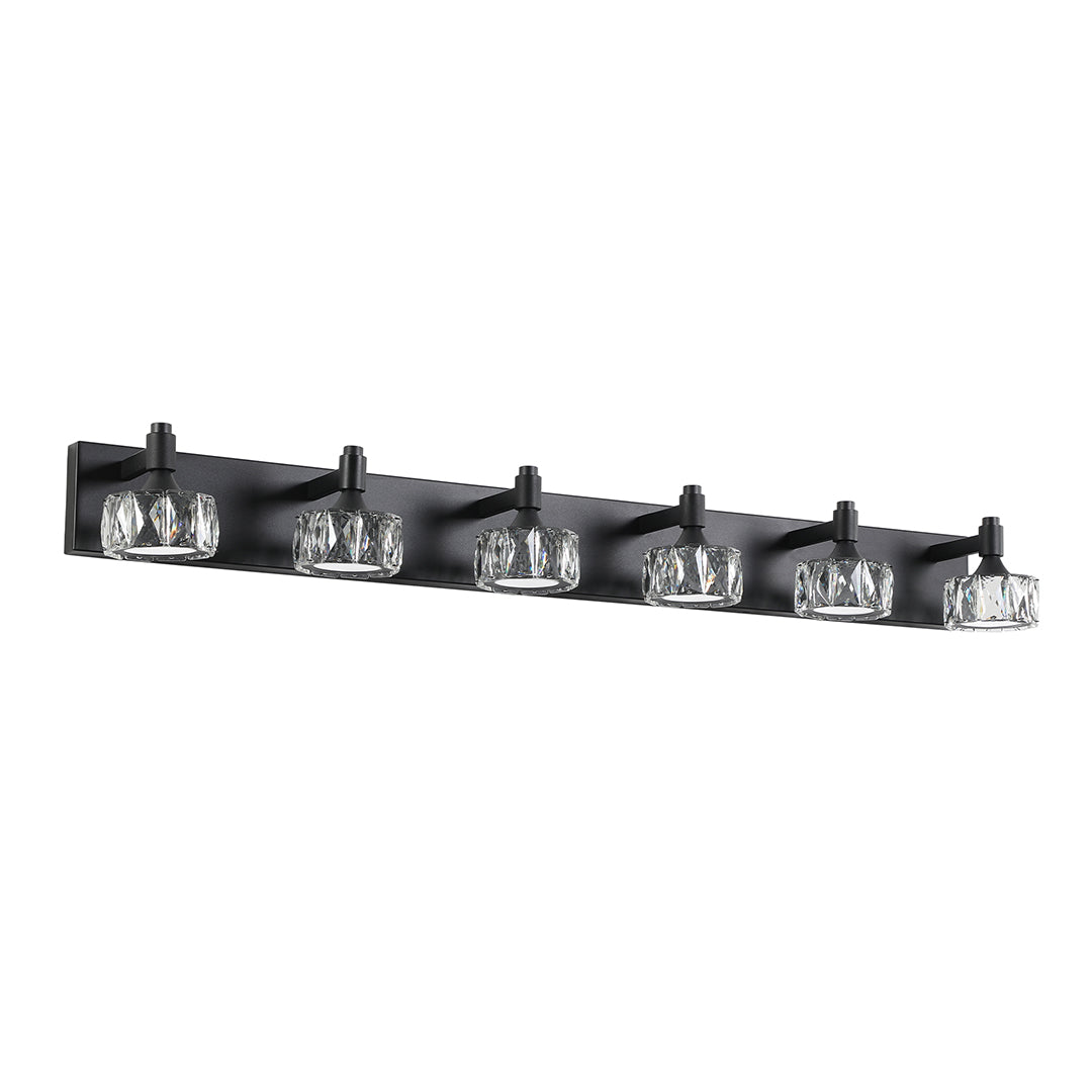 Six-light crystal bathroom vanity light with glass shade chandelier styling and black finish horizontal mounting bar.