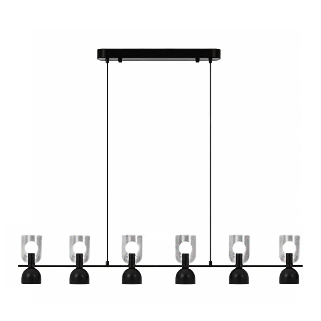 Contemporary six-light glass pendant chandelier featuring slim suspension cables and a streamlined bar.