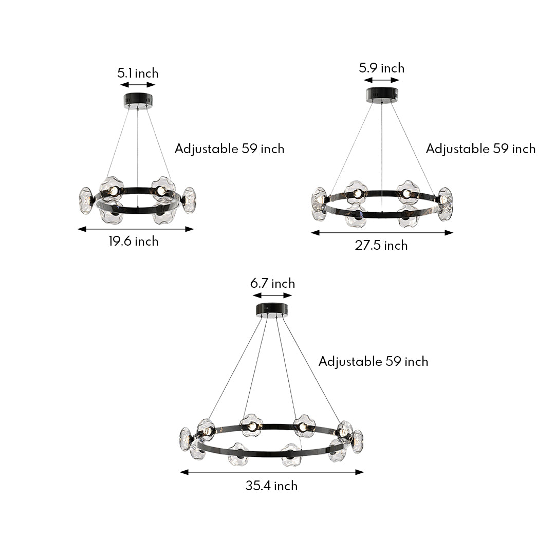 Technical specification diagram of 6 light pendant showing detailed measurements and circular ring configuration