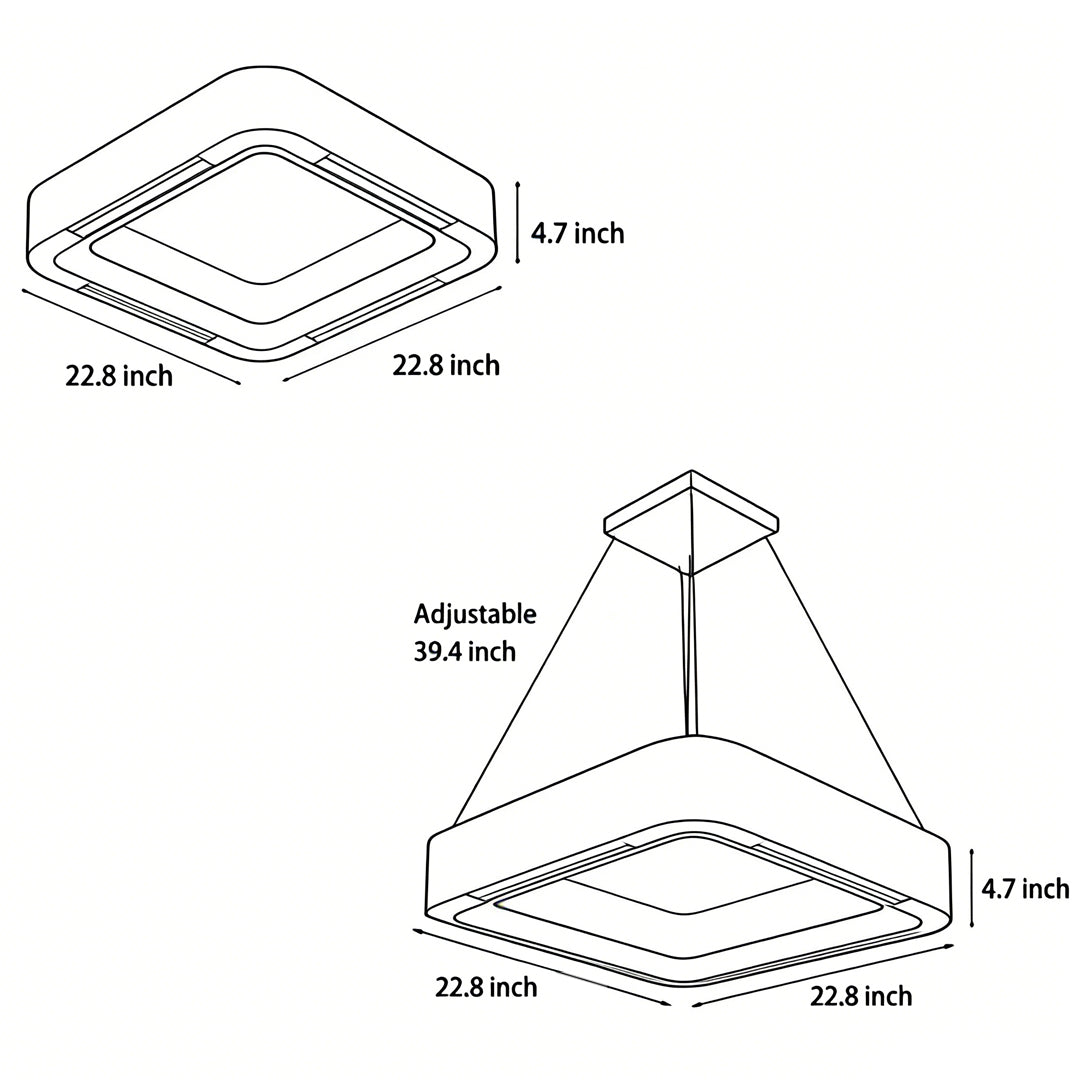 Technical size dimensions for a low profile bladeless ceiling fan with light fixture in inches.