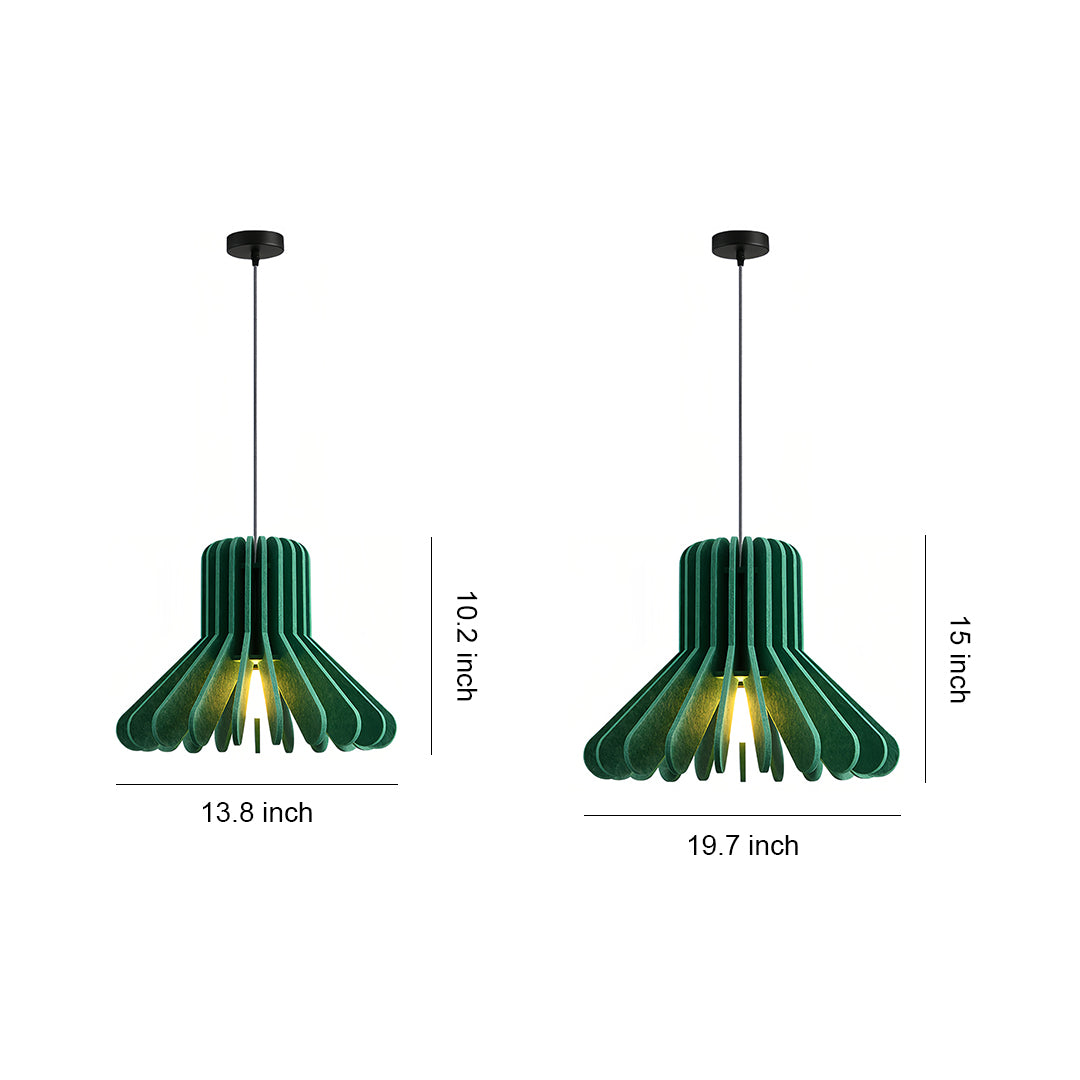 Size chart illustrating two different green felt material tiny pendant lights dimensions 