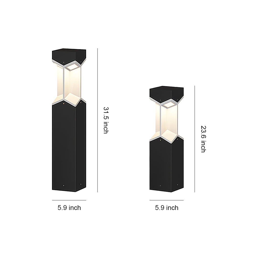 Size comparison chart of bollard landscape lights, showcasing two different heights and designs.