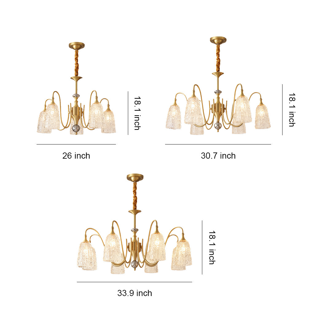 Size comparison chart of brass vintage chandeliers, showcasing different sizes and designs.