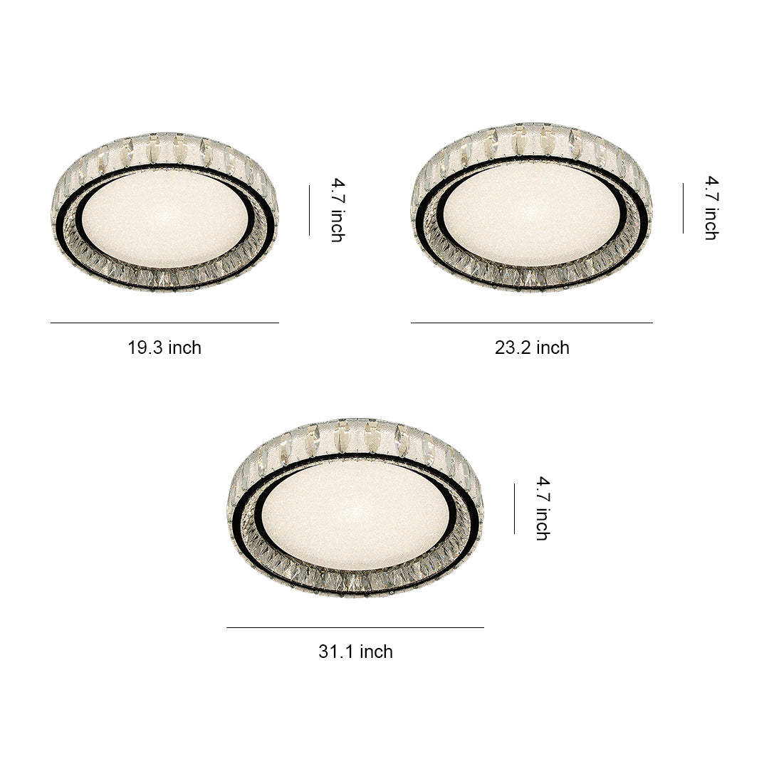Size comparison chart of chrome flush mount lights, showcasing three different sizes and designs.