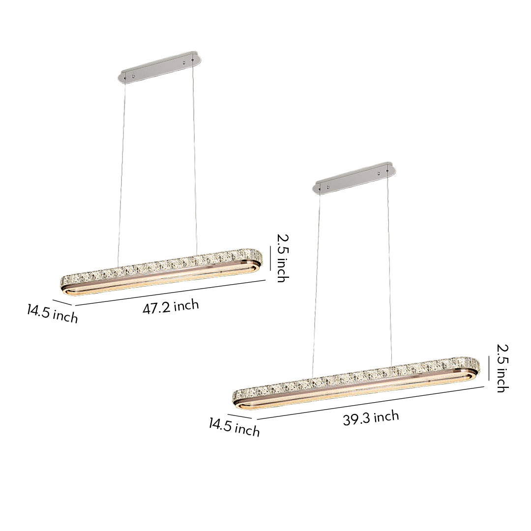 Size comparison chart of chrome pendant lights, showcasing three different lengths and designs.