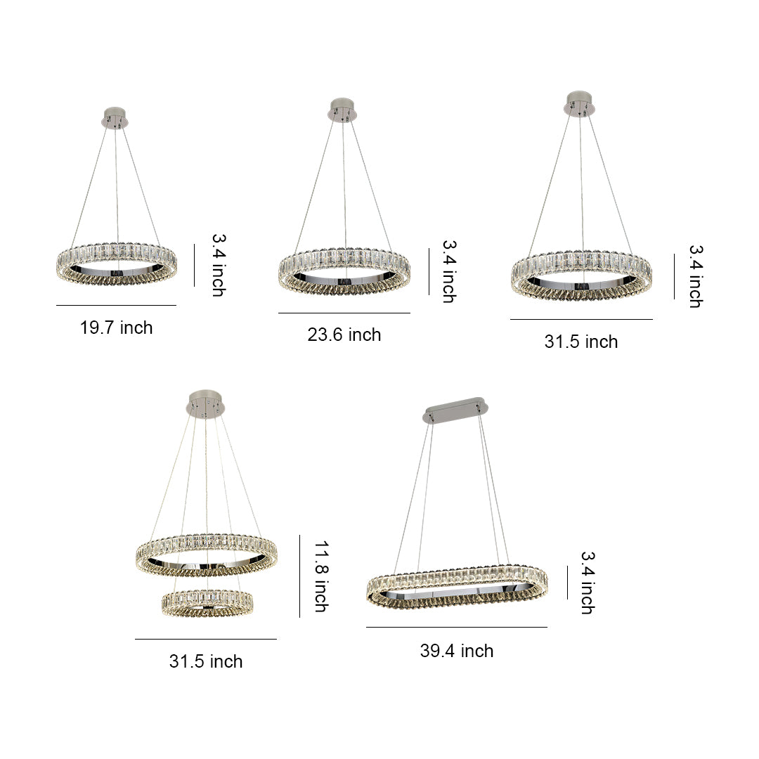 Size comparison chart of circle chandeliers, showcasing three different sizes and designs.