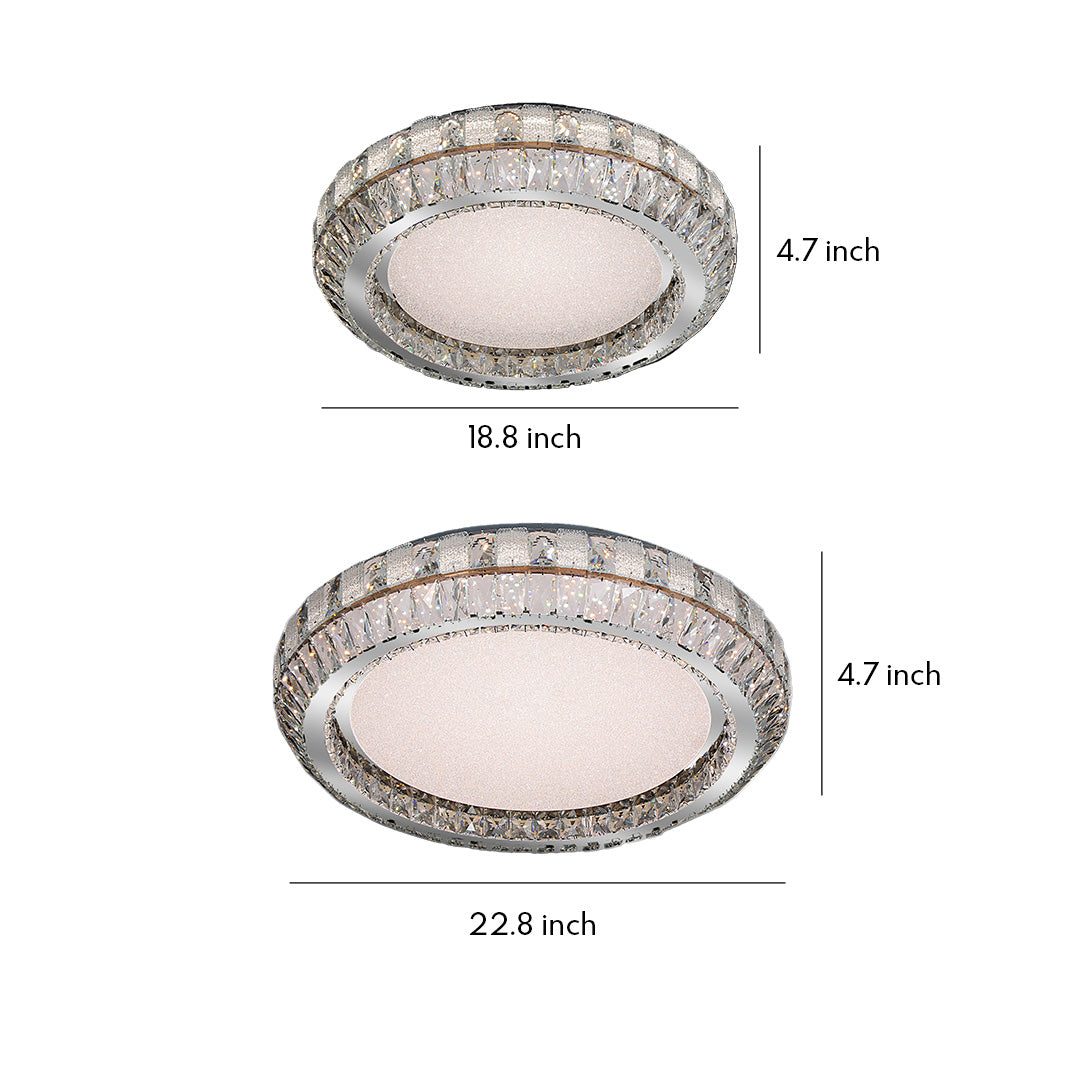 Size comparison chart of contemporary flush mount lights, showcasing three different sizes and designs.
