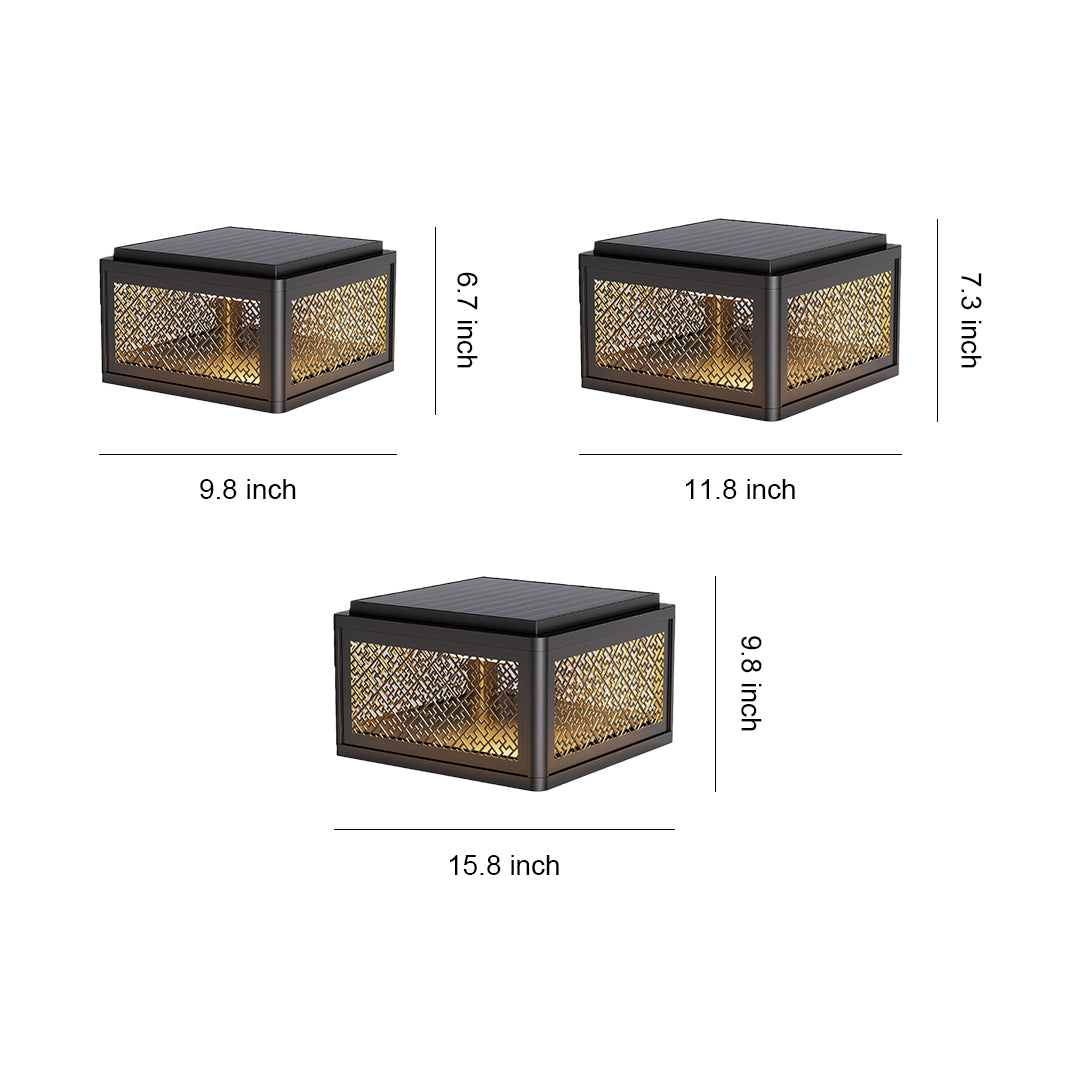 Size comparison chart of decorative pillar lights, showcasing three different sizes and designs.