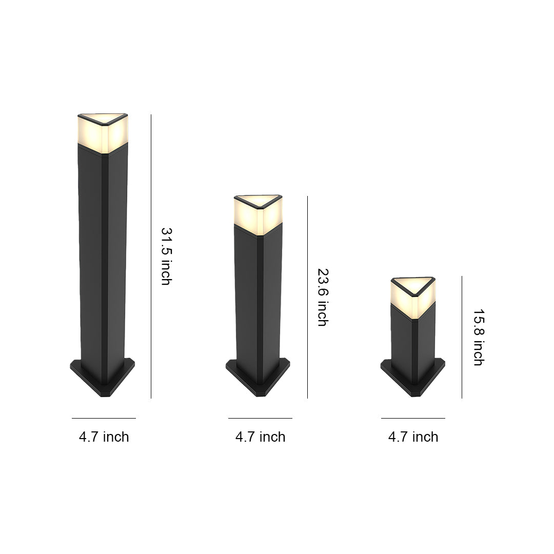 Size comparison chart of exterior pathway lights, showcasing three different heights and designs.