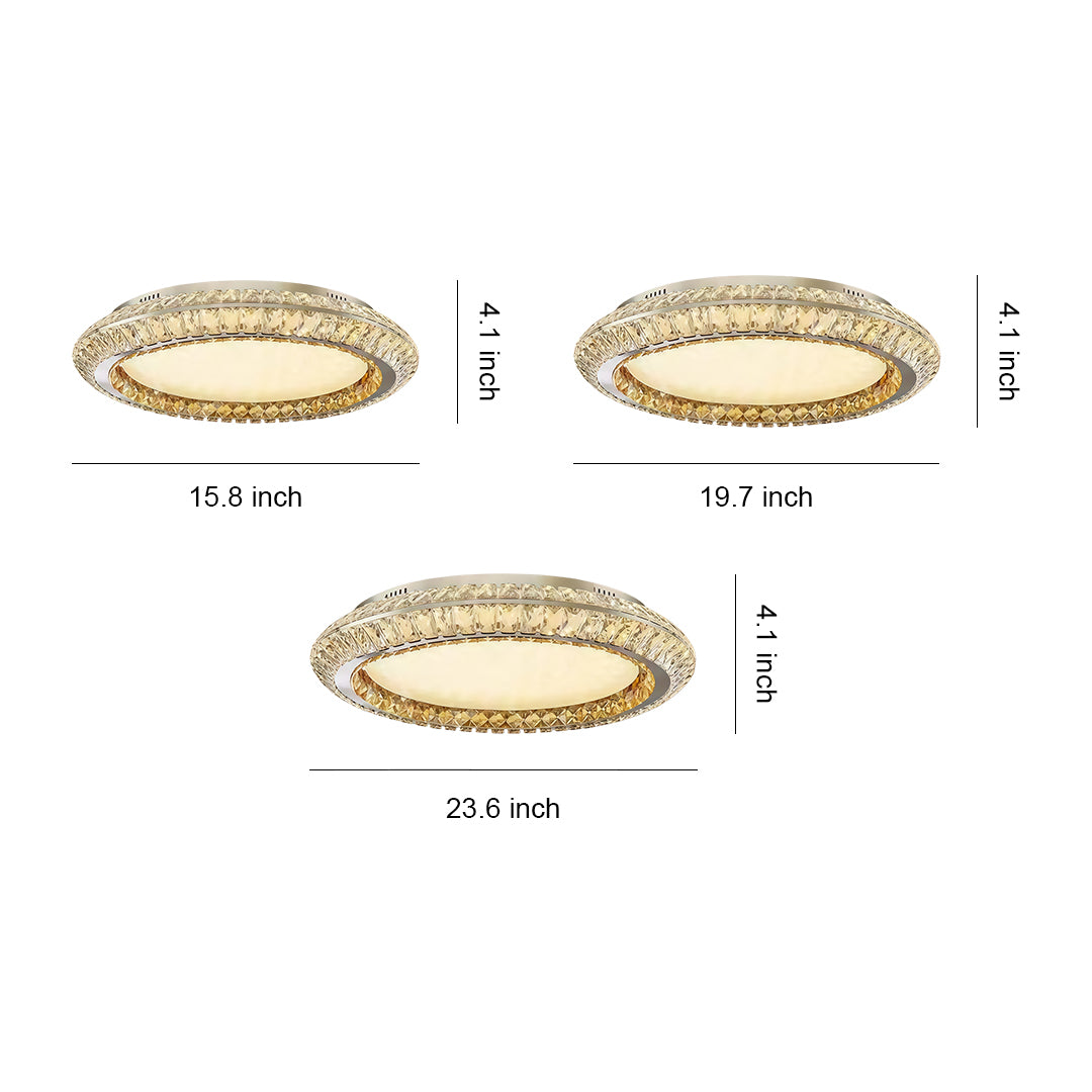 Size comparison chart of flush mount crystal ceiling lights, showcasing three different sizes and designs.