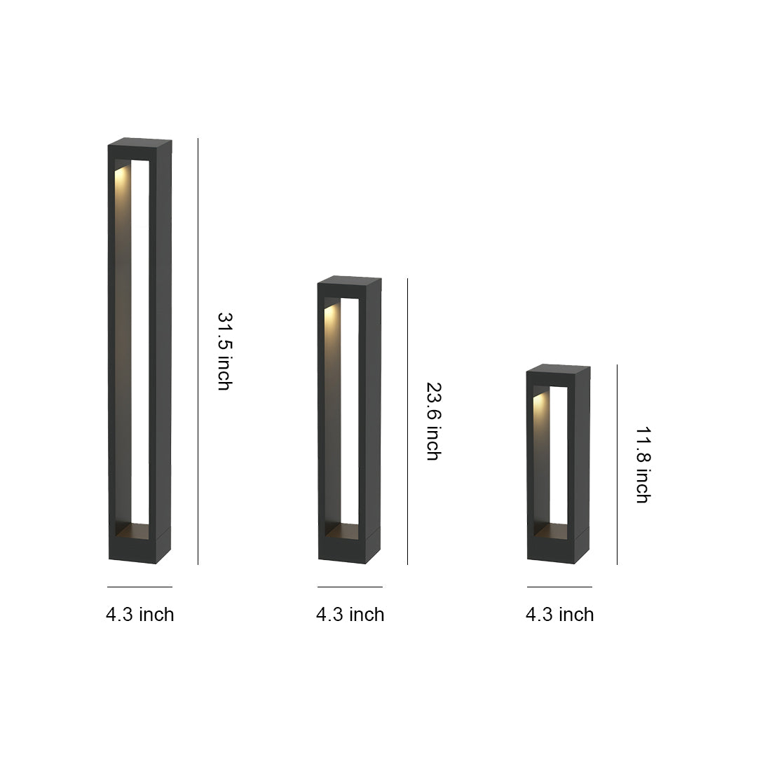 Size comparison chart of garden pathway lights, showcasing three different heights and designs.