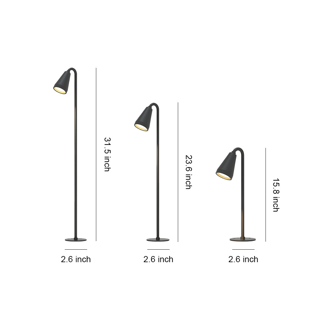 Size comparison chart of landscape path lights, showcasing three different heights and designs.