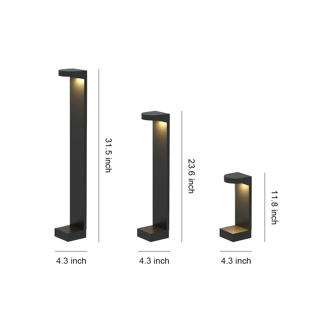 Size comparison chart of landscape pathway lights, showcasing three different heights and designs.