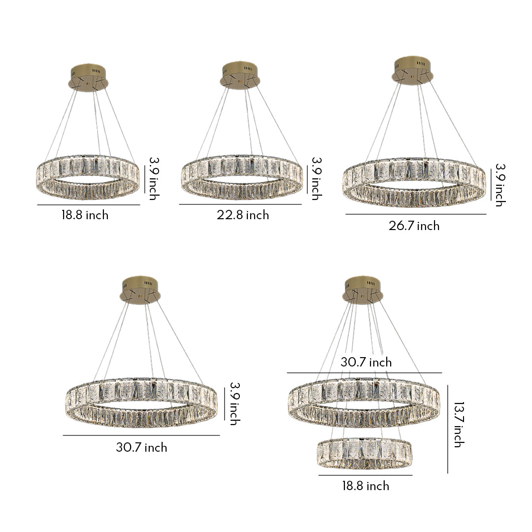 Size comparison chart of LED ring chandeliers, showcasing three different sizes and designs.