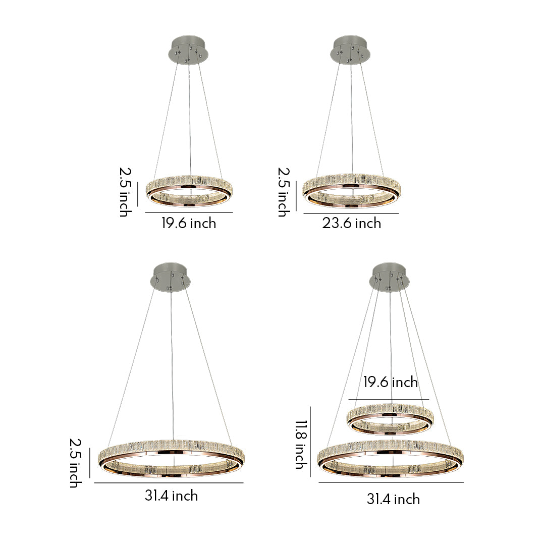 Size comparison chart of luxury modern chandelier, showcasing three different sizes and designs.