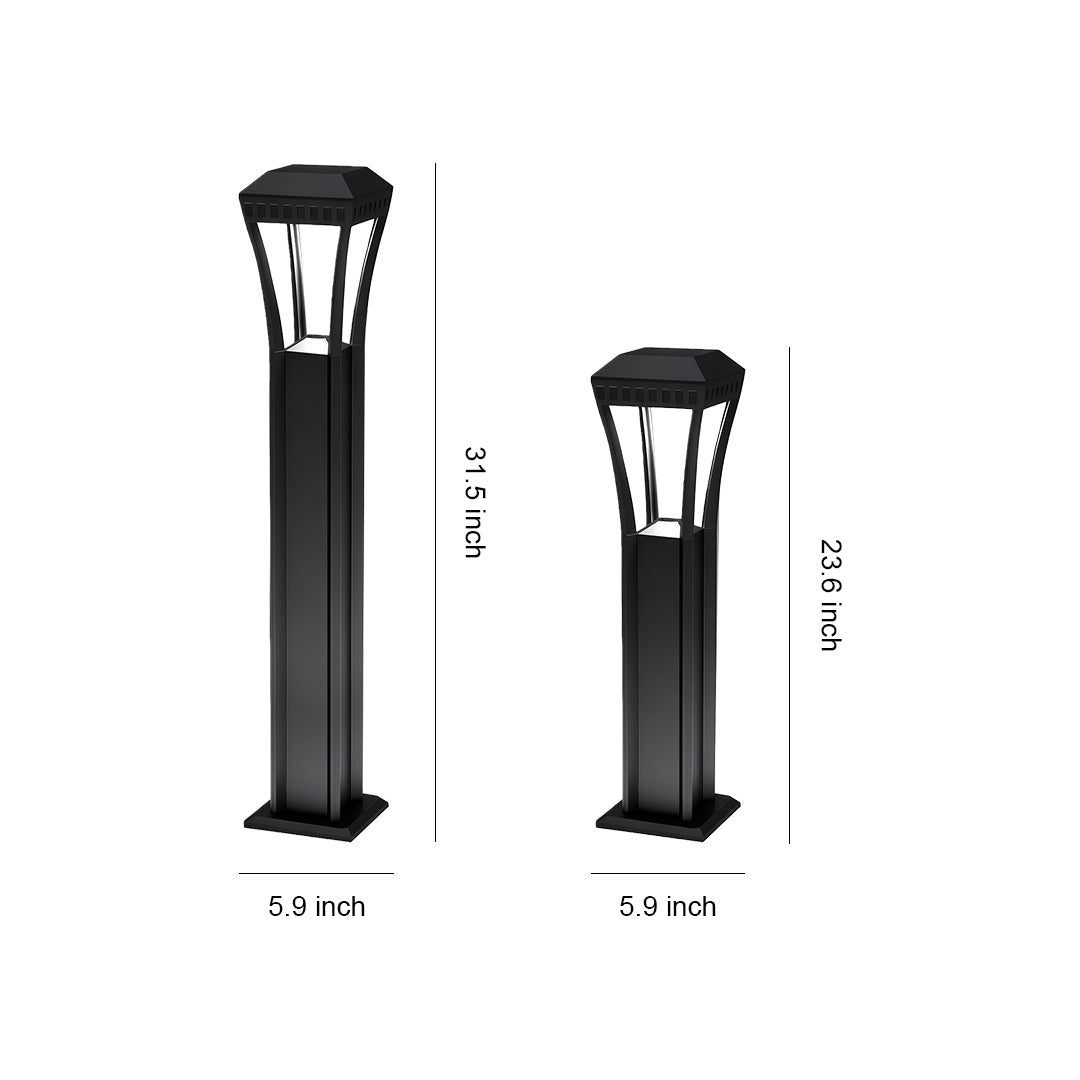 Size comparison chart of modern bollard lights, showcasing two different heights.