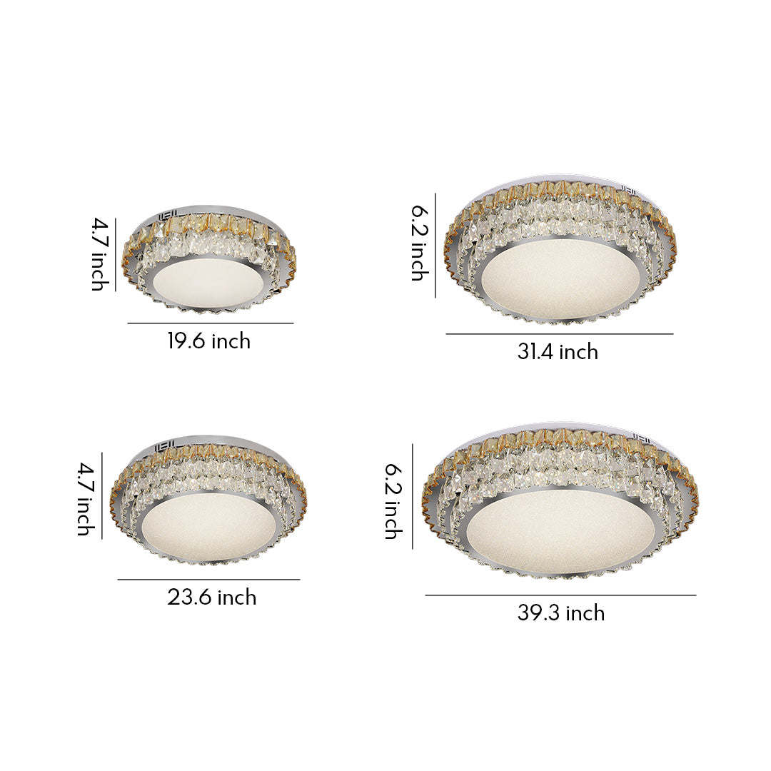 Size comparison chart of modern flush mount lights, showcasing four different sizes and designs.