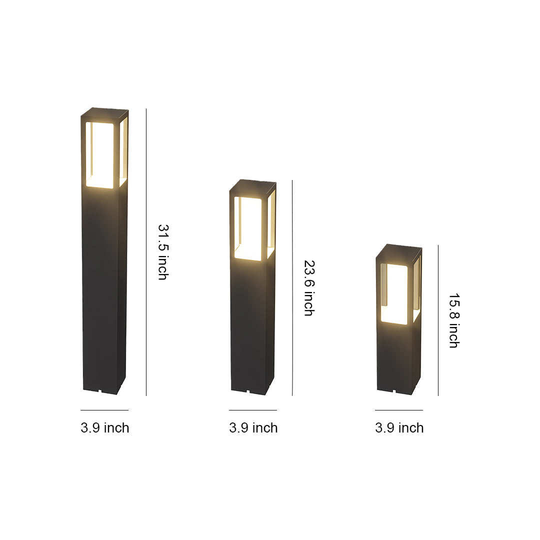 Size comparison chart of modern outdoor bollard lights, showcasing three different heights and designs.