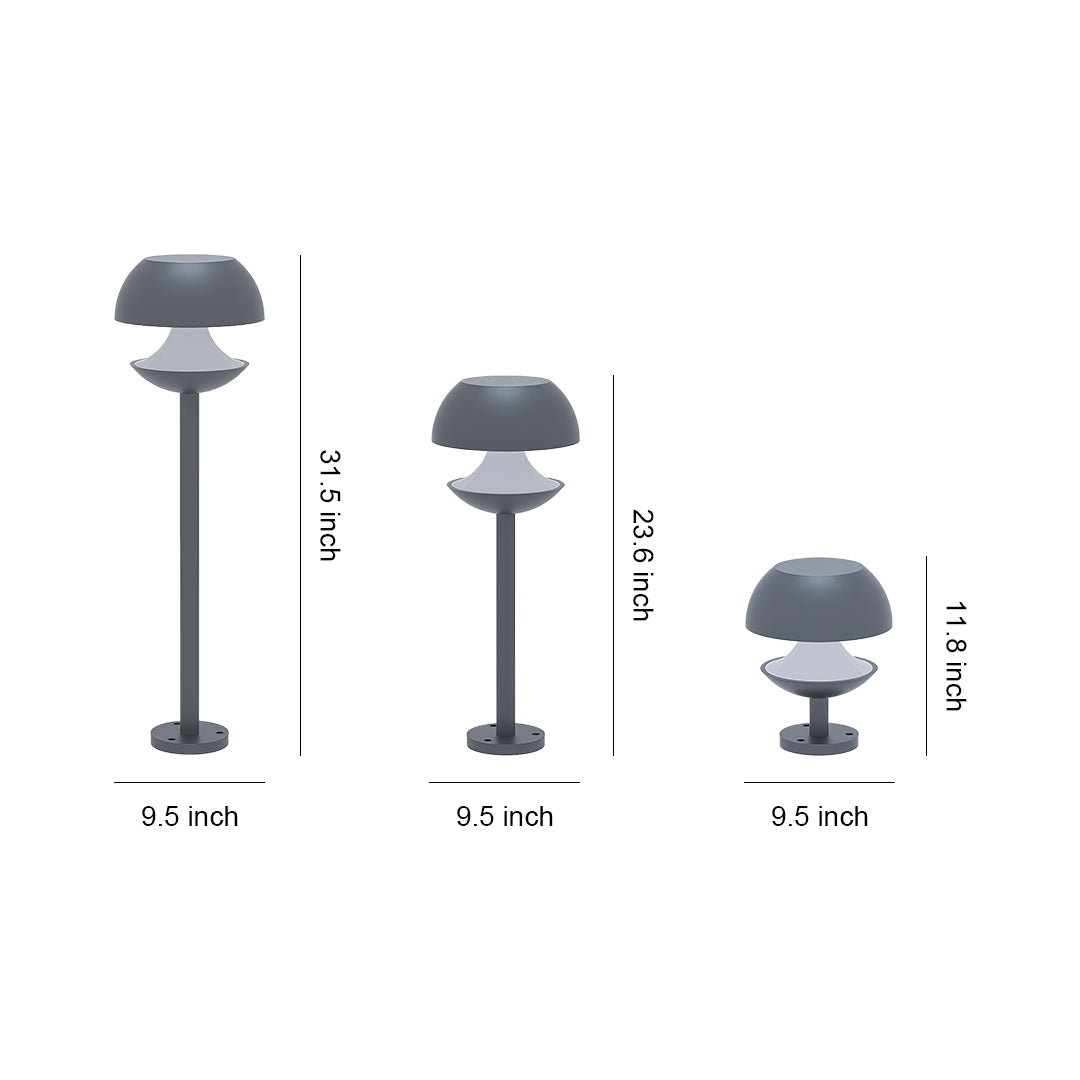 Size comparison chart of modern outdoor mushroom lights, showcasing three different heights and designs.
