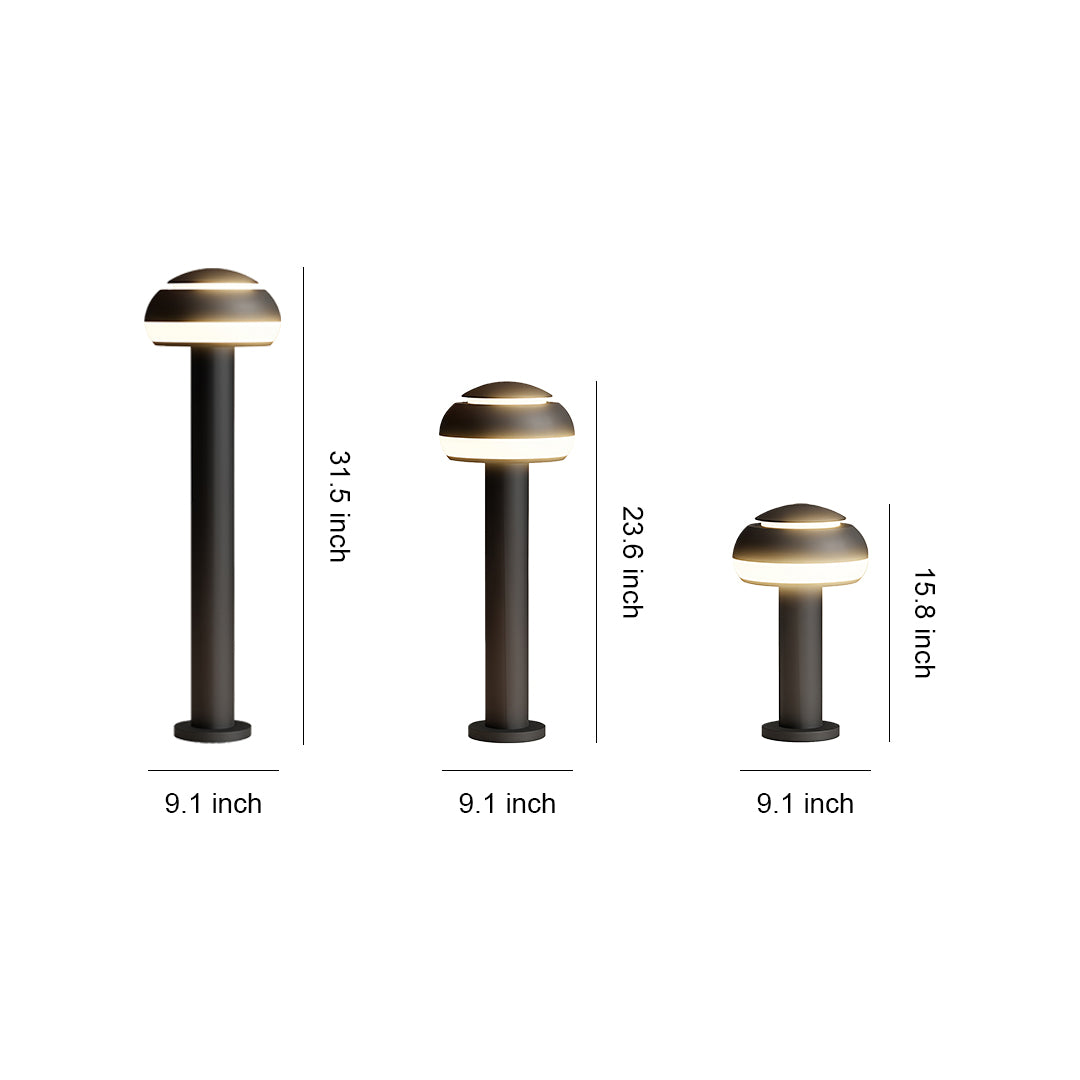 Size comparison chart of mushroom path lights, showcasing three different heights and designs.