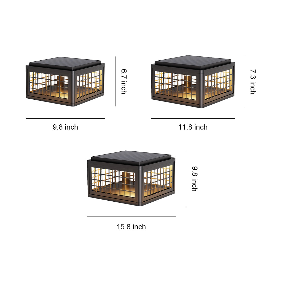 Size comparison chart of outdoor LED pillar lights, showcasing three different sizes and designs.
