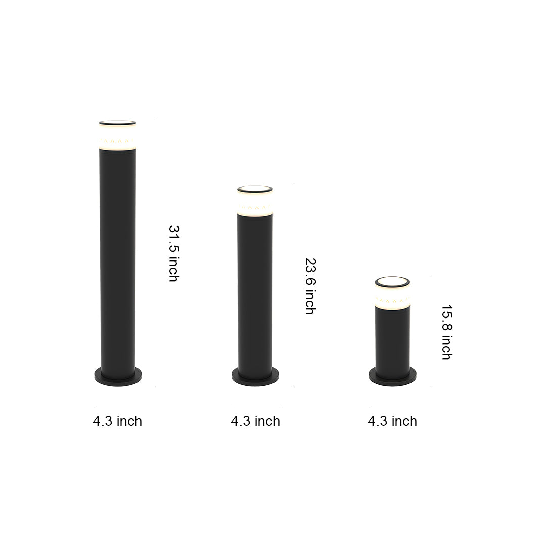 Size comparison chart of outdoor path lights, showcasing three different heights and designs.