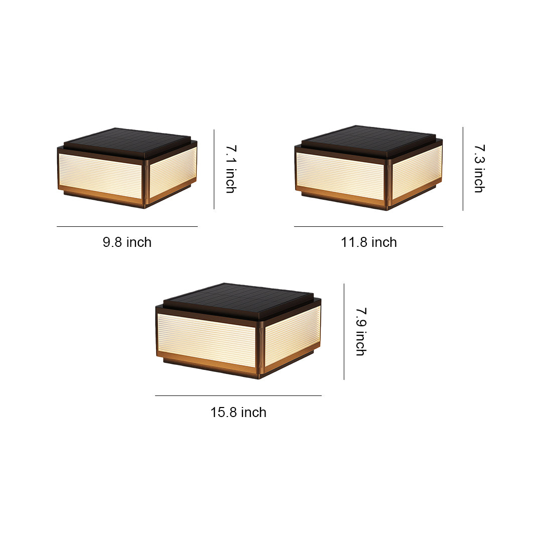 Size comparison chart of outdoor patio pillar lights, showcasing two different sizes and designs.