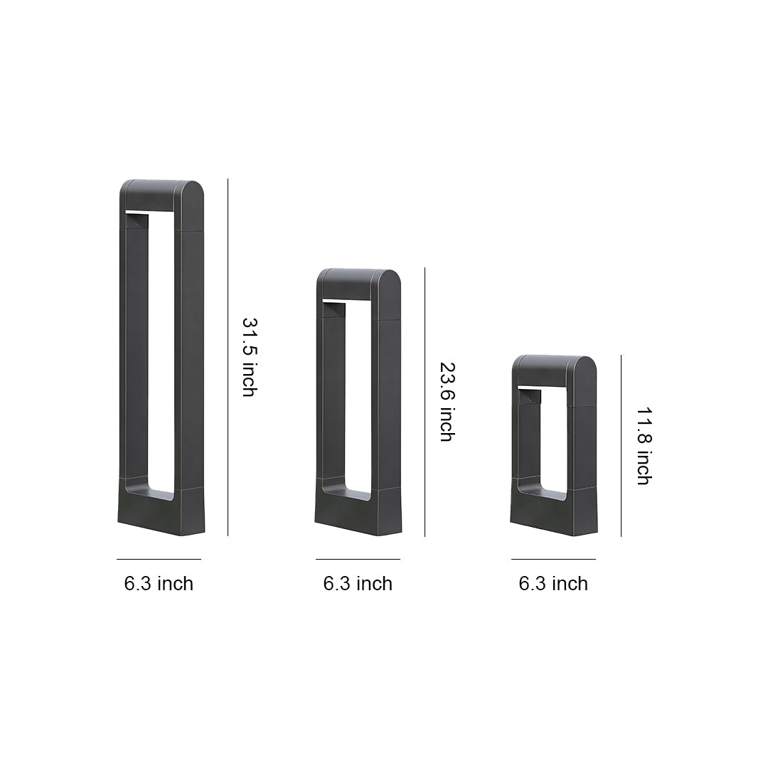 Size comparison chart of pathway bollard lights, showcasing three different heights and designs.