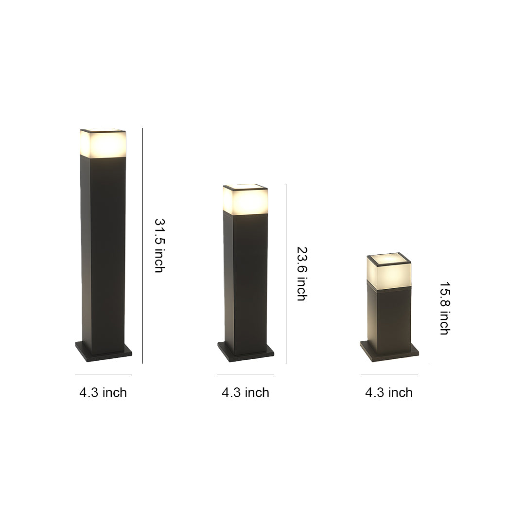 Size comparison chart of pathway yard lights, showcasing three different heights and designs.