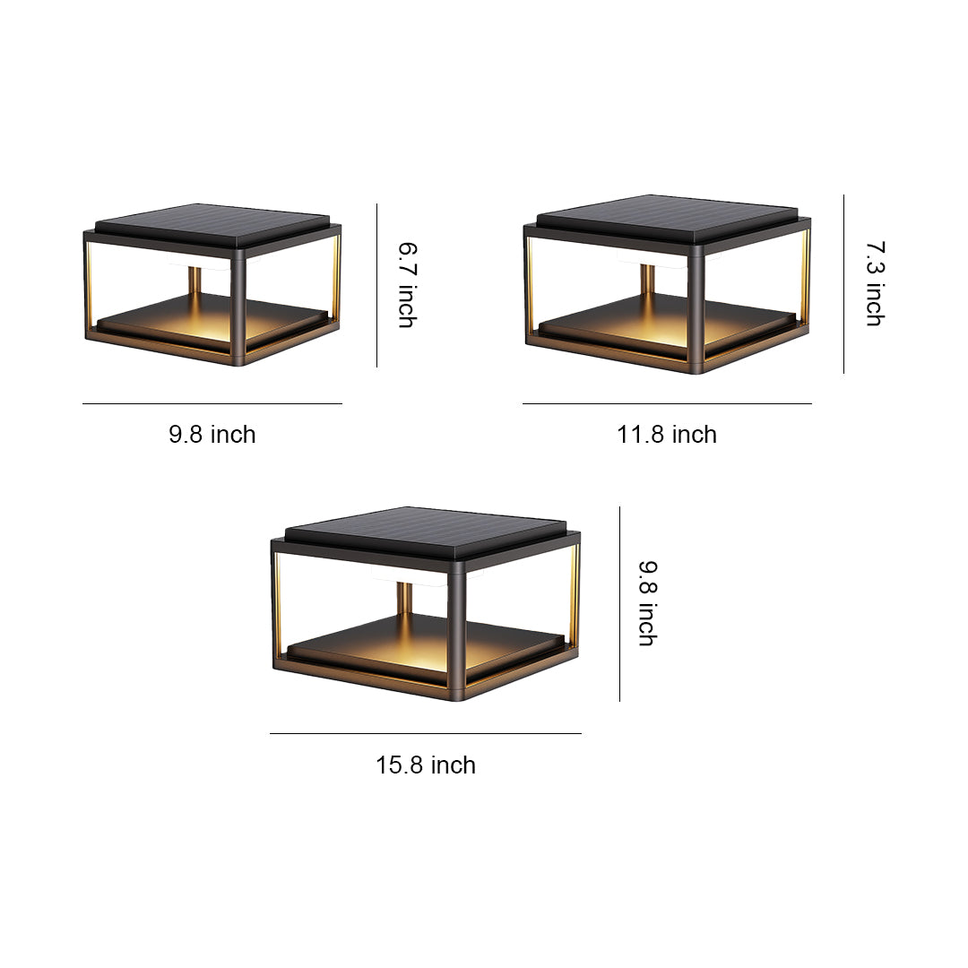 Size comparison chart of pillar gate lights, showcasing three different sizes and designs.