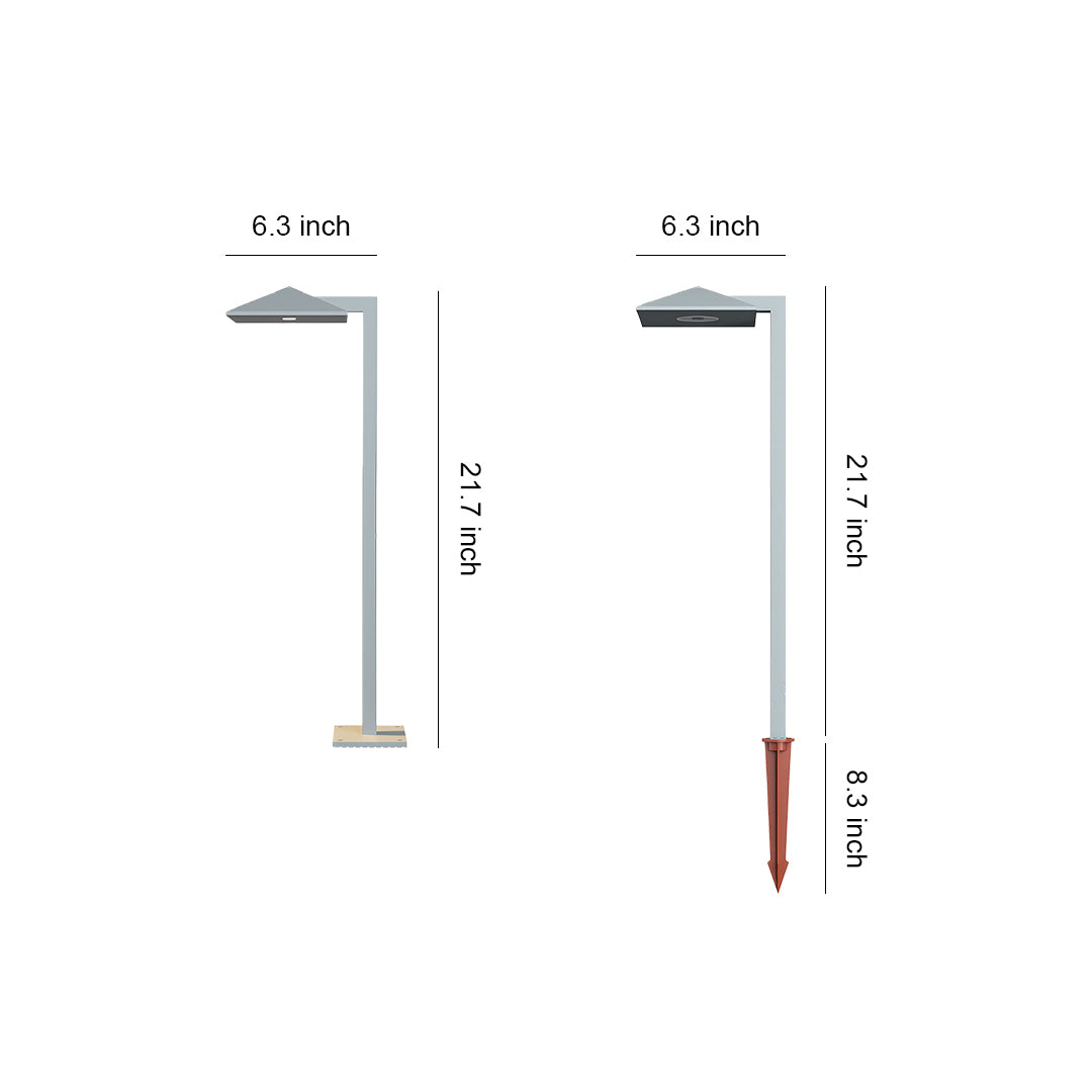 Size comparison chart of plug-in pathway lights, showcasing two different heights and designs.