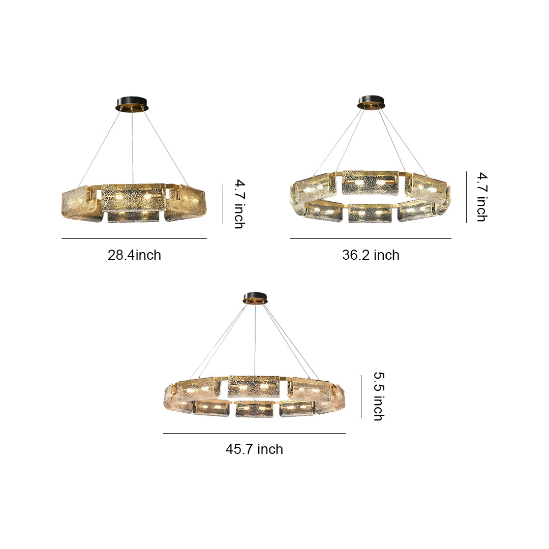 Size comparison chart of rectangular glass chandeliers, showcasing different dimensions and designs.
