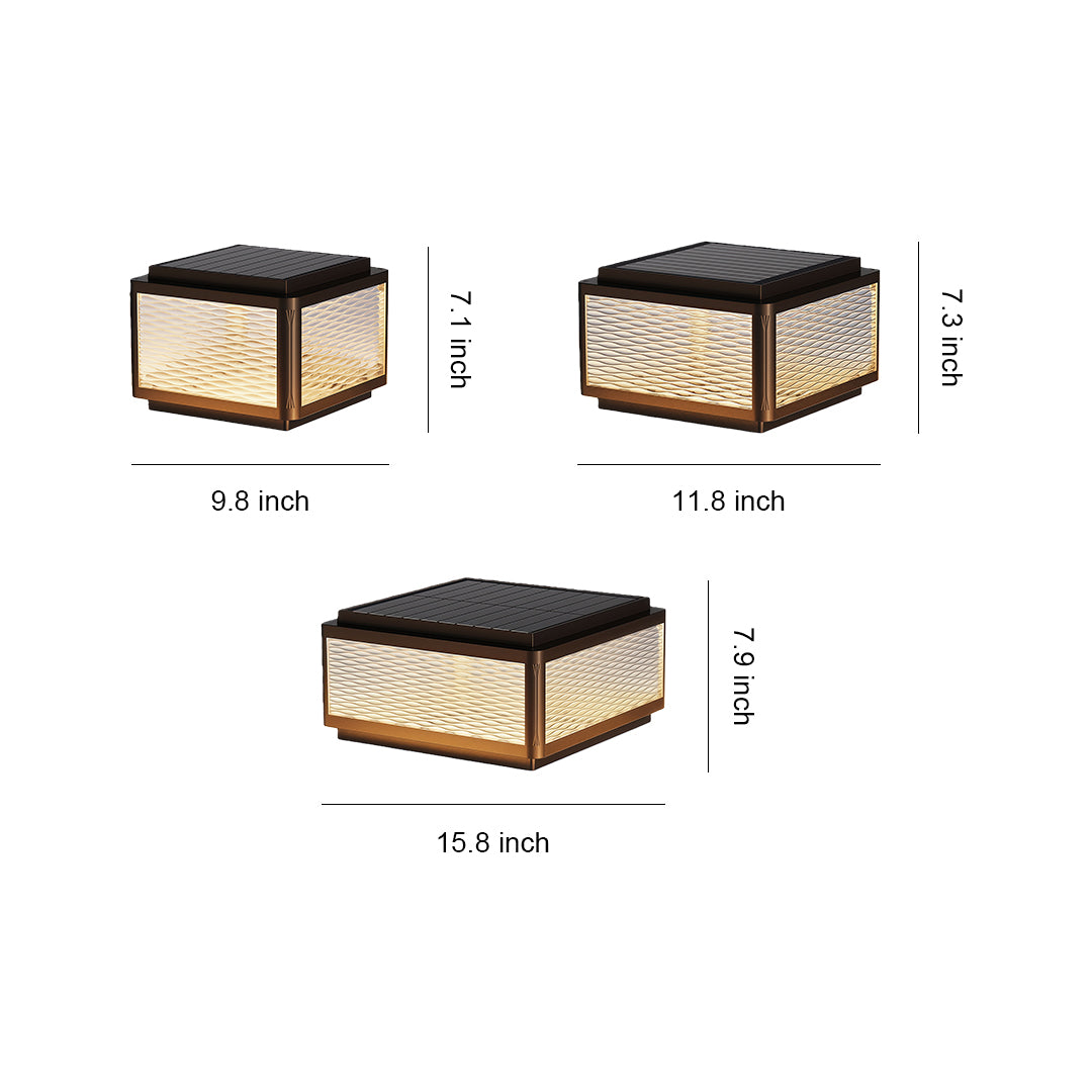 Size comparison chart of square outdoor pillar lights, showcasing three different sizes and designs.