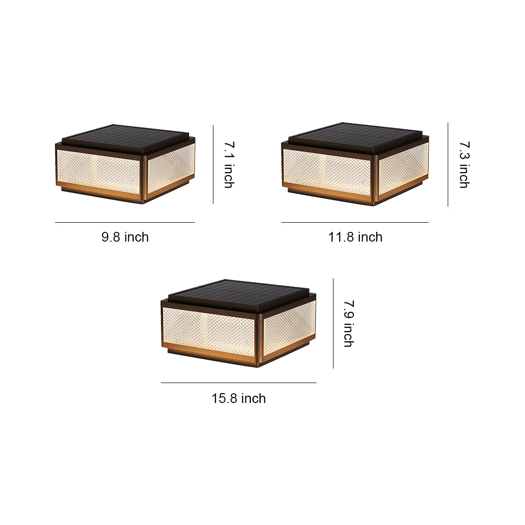 Size comparison chart of square outdoor pillar lights, showcasing three different sizes and designs.