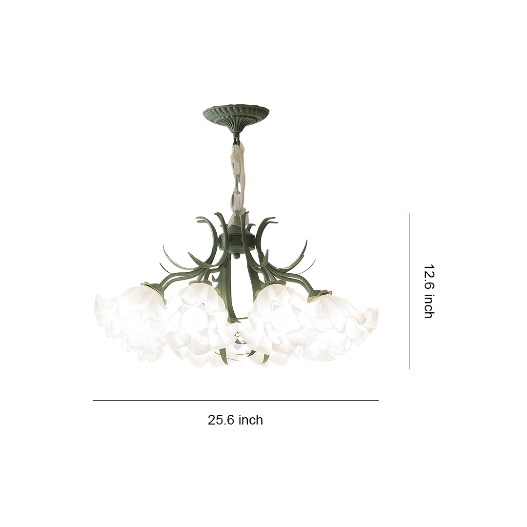 Size comparison chart of vintage flower chandeliers, showcasing different sizes and designs.