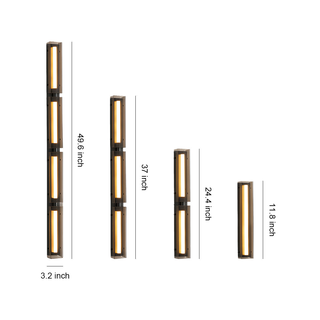 Size comparison chart of modern wall light decorations, showcasing three different lengths in black and gold.