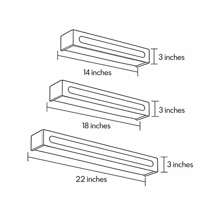 Size guide for vanity mirror light available in 14, 18, and 22 inch lengths.