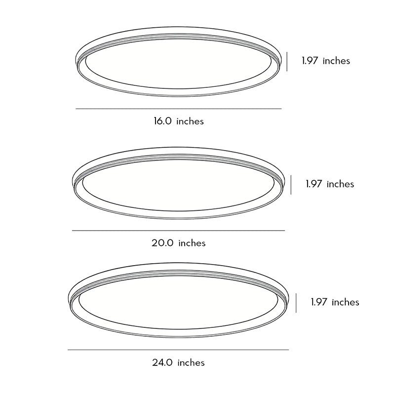 Size guide and diameter options for a low profile slim ceiling light.